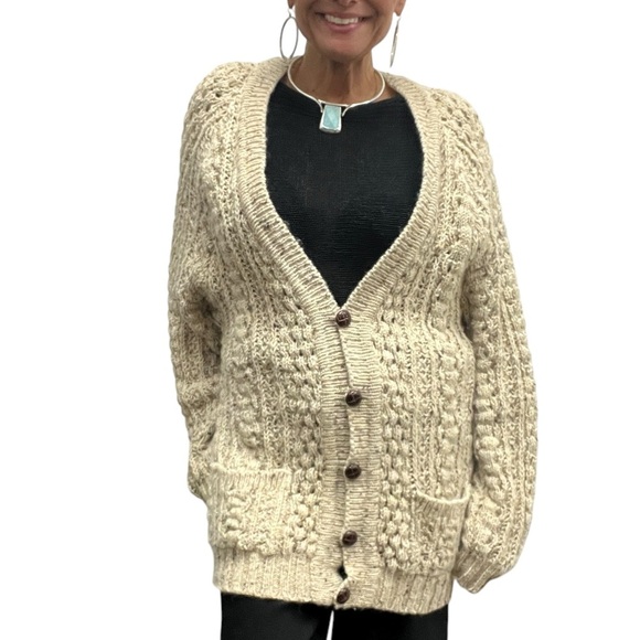 Rita Condern Hand Loomed Wool Fishermans Knit Cardigan Sweater Made In Ireland - Picture 2 of 16